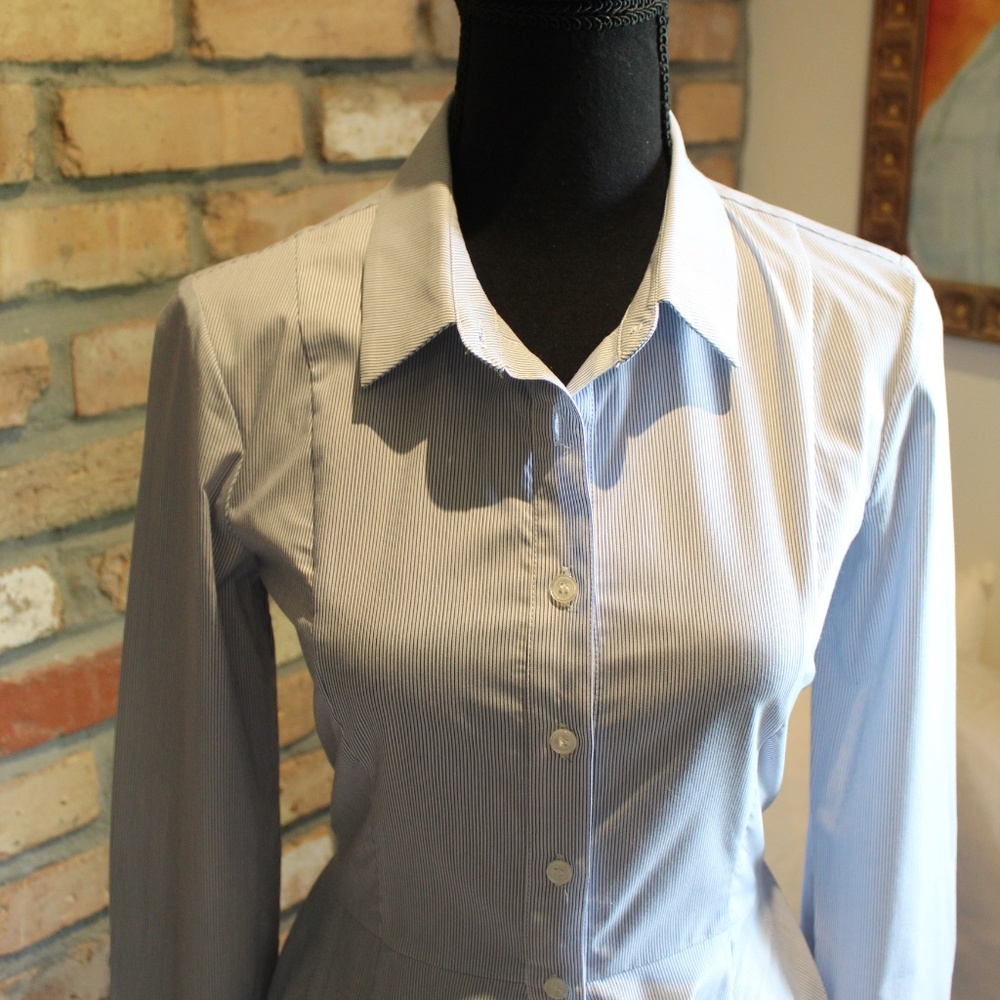 BCBG Generation Light Blue Pin-Striped Button-Up Flare Dress | Size 4 (S) | - Picture 3 of 6
